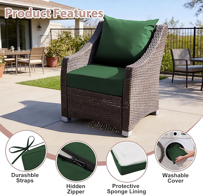 Outdoor Deep Seat Cushion Set, 24x24 Inch Water-Resistant & Fade-Resistant Outdoor Chair Cushions, Patio Furniture Cushions with Removable Cover for Patio Chair, Sofa, Forest Green (Set of 6)