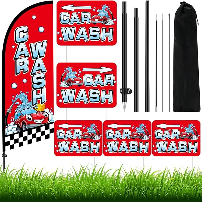 Car Wash Feather Flag Pole Kit Include 7 ft Banner Flag with Poles 5 Pcs Car Wash Sign and 10 Pcs Ground Stake for Outside Business Stores Shops Decoration