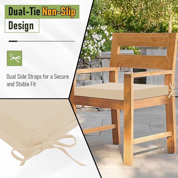 Basic Beyond Outdoor Chair Cushions Set of 2, Square Corner Outdoor Cushions for Patio Furniture, Water Resistant Patio Chair Cushions with 2 Ties, 18.5x16x3, Beige