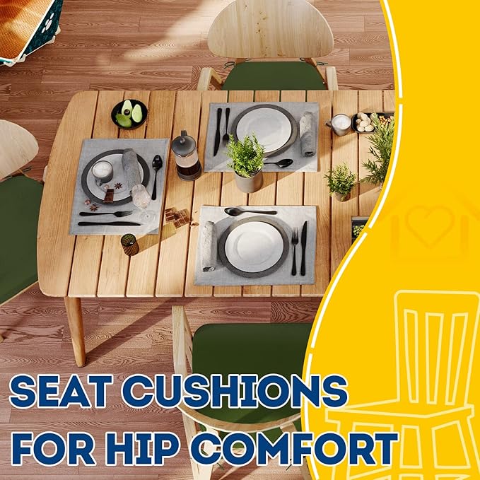 AAAAAcessories D-Shaped Chair Cushions, 2" Thick Dining Chair Pads with Ties and Removable, Machine-Washable Cover, 17" x 16", Set of 4, Dark Olive Green