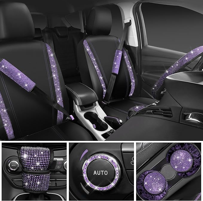 CAR PASS Bling Diamond Leather Car Seat Covers 11 PCS, Sparkly Rhinestone Steering Wheel Cover Glitter Cute Interior Car Accessories Sets Seat Belt Cushion Cup Holder Coaster Women Girl, Violet Purple