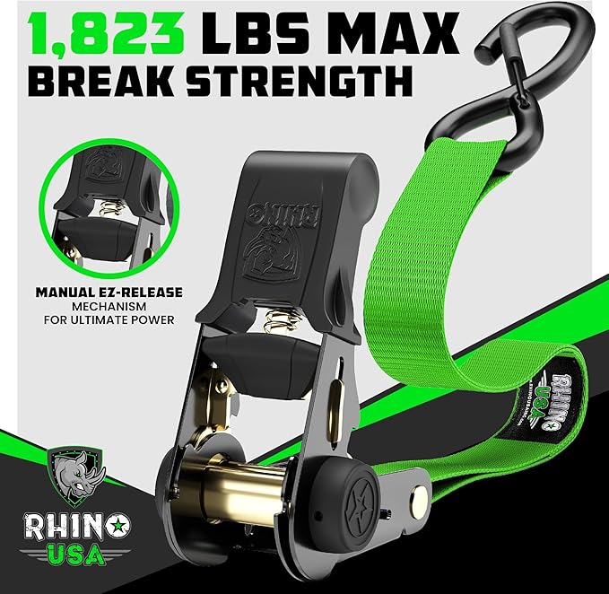 Rhino USA Ratchet Straps Tie Downs (4-Pack) - 1 Inch x 15 Feet (1,823lb Break Strength) - Ultimate Tie Down Straps with Safety S Hooks - for Trucks, Cargo, Moving, Appliances - Green