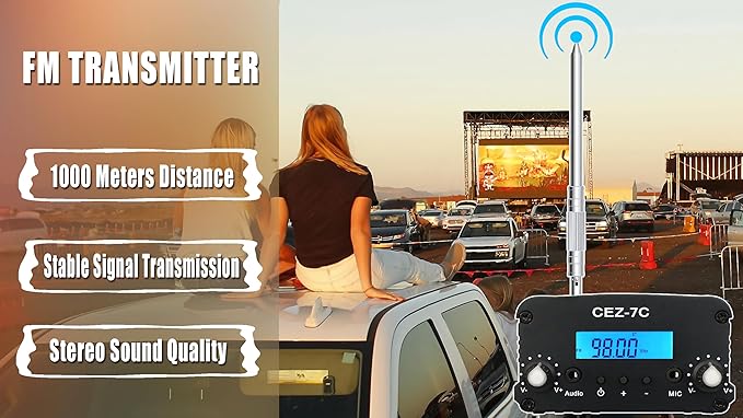 1000 Meters FM Transmitter,7W Long Range Stereo Radio Broadcast Transmitter for Drive-in Church Light Show Supermarket School Car Theater,Conference, Factory Personal Radio
