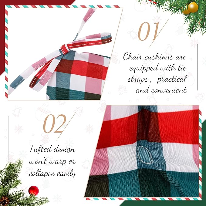 Geetery 4 Pack Christmas Chair Cushions for Dining Chairs, 16" x 15" Red and Green Kitchen Chair Cushions with Ties Buffalo Plaid Soft Comfy Seat Pads for Home Office Living Room Outdoor Indoor