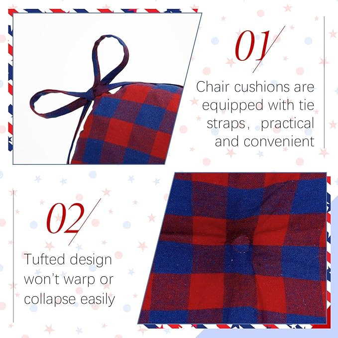 Geetery 4 Pack Chair Cushions for Dining Chairs, 16" x 15" Red and Blue Kitchen Chair Cushions with Ties Buffalo Plaid Soft Comfy Seat Pads for Home Office Living Room Outdoor Indoor