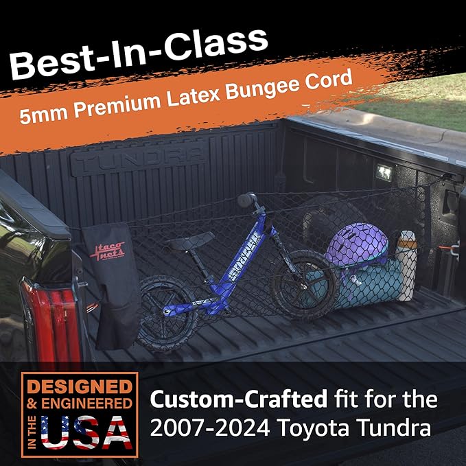 Envelope Cargo Net for Toyota Tundra - Fits 2007-Current - Patented Bed Rail Integration - Upgraded 5mm Bungee - Integrated Storage Bag - Heavy Duty Carabiners - Designed in USA