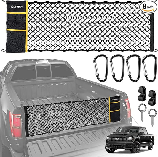 AUTOWN Truck Bed Cargo Net, Envelope Style Bed Netting for 2015+ Ford F150 & 2017+ F250/F350/F450, Pickup Truck Bed Organizer with 5mm Bungee & Integrated Storage Bag & Eyebolts & Carabiners