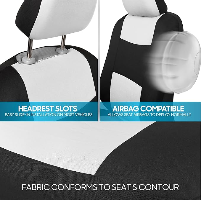 BDK PolyPro Car Seat Covers Full Set in White on Black, Front and Rear Split Bench Seat Covers for Cars, Easy to Install Car Seats Cover Set and Accessories for Auto Trucks Van SUV - White