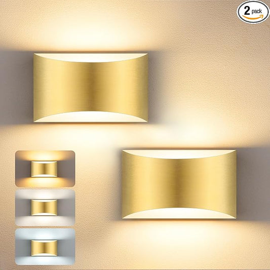 MATAMEYE Modern LED Wall Sconce Set of 2, Gold Indoor Wall Lighting Fixture with 3 Colors Temperatures, 10W Up/Down Hardwired Wall Mount Lamp for Bedroom Living Room Hallway