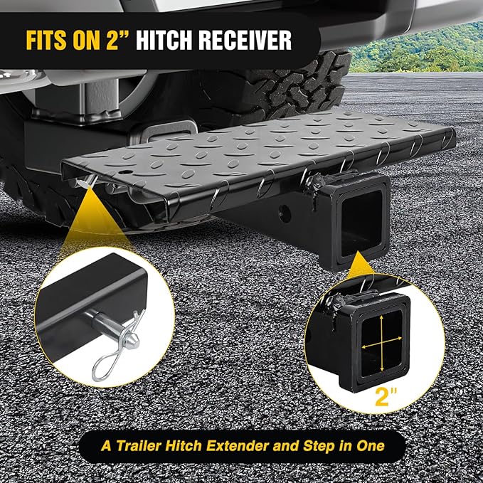Nilight Hitch Extender with Step 2" Receiver 14"x7" Anti-Slip Diamond Plate 4000 lbs Towing/400 lbs Tongue Weight Heavy Duty Steel Bumper Guard for Truck SUV