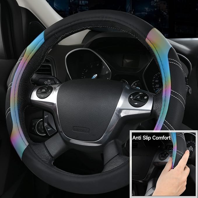 CAR PASS Leather Steering Wheel Cover and Waterproof Car Floor Mats,Microfiber Universal Car Combo Fit for 95% Sedan,SUV,Cars,14.5-15inch Sporty Anti-Slip Safety Comfortable Design(Black＆Reflective)