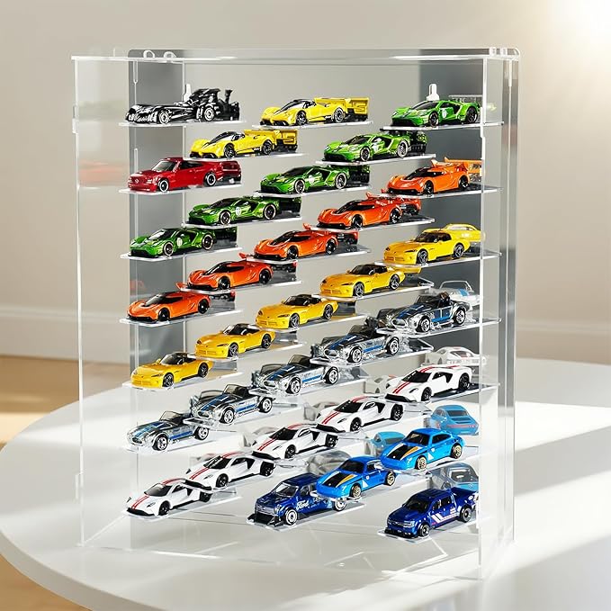 Display Case for Hot Wheels Cars, Compatible with 1:64 Scale Diecast Cars, Wall Mountable/Tabletop Display Case with LED Lights & Dustproof Cover,33 Park, Maximum 40 Toy Cars,Mirrored Background