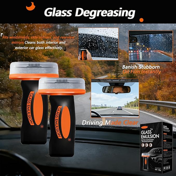 2Pcs Glass Oil Film Remover, Advanced Auto Glass Polish & Hydrophobic Coating with Ergonomic Applicator, Professional Windshield Restorer for Luxury Vehicles & Architectural Glass