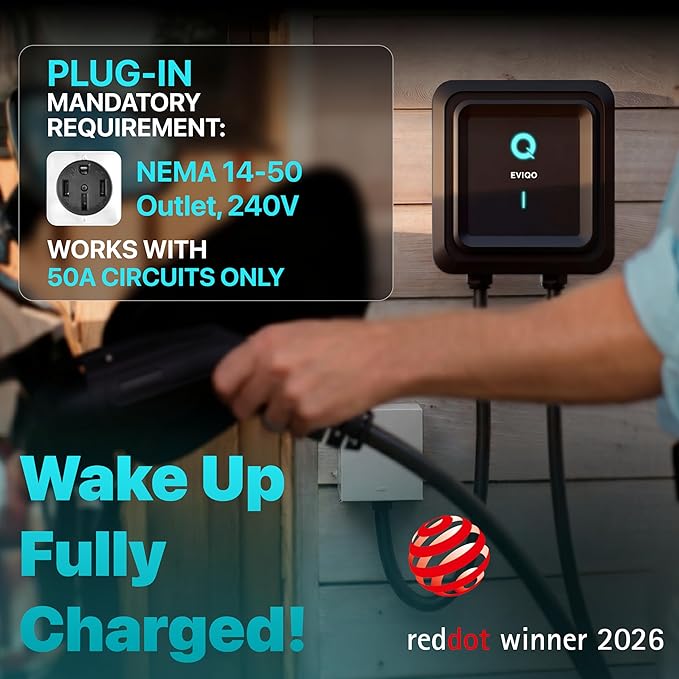 EVIQO Level 2 EV Charger, 40 Amp 240V, J1772 for Non-Tesla EVs, 25ft Cable, WiFi (2.4GHz) Smart App, Weatherproof Indoor/Outdoor (IP66, NEMA 4), UL & ETL Certified, NEMA 14-50 Plug-in, 9.6kW