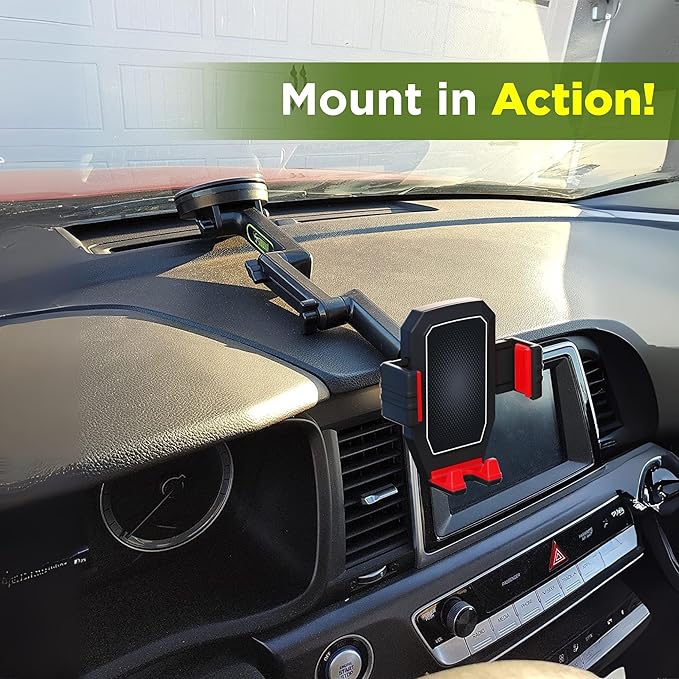 Cell Phone Mount for Truck Phone Holder for Truck Drivers - Heavy Duty Suction Cup + Dashboard Pad, iPhone Holder for Dashboard Window 16.9 inch Long, for iPhone & Samsung, Semi Trucker, Red