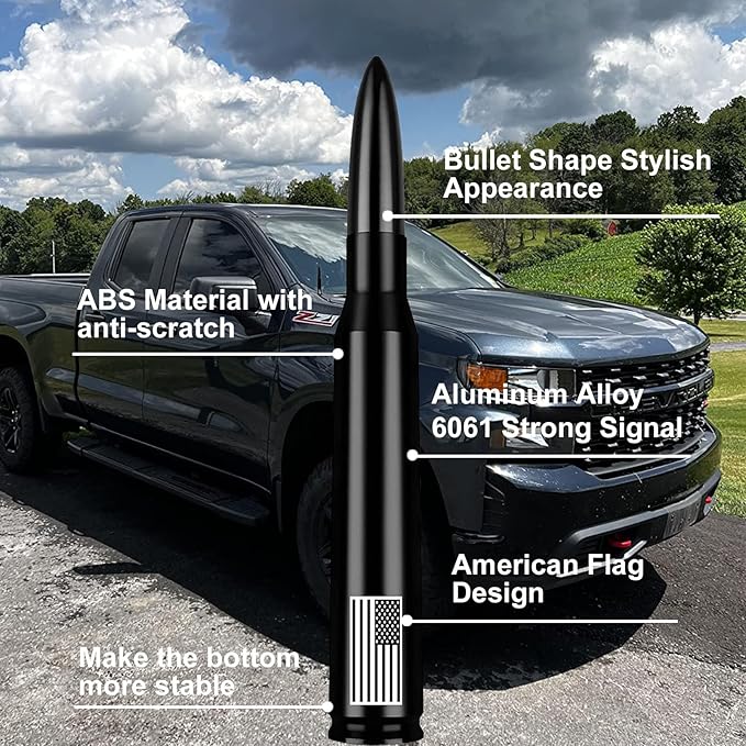 Car Truck Antenna with Tire Valve Caps American Flag Universal Short Replacement for GMC Sierra Chevy Silverado Dodge Ram 1500 2500 3500 Ford F150 F250 F350 Super Duty Raptor Radio Accessories, Black