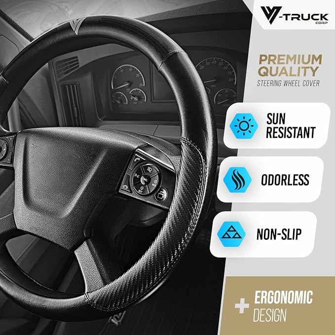 18-Inch Genuine Leather Steering Wheel Cover for Semi Trucks – Black with Black Stripes, Universal Fit Heavy-Duty Non-Slip Grip, Comfortable Control, Easy Installation