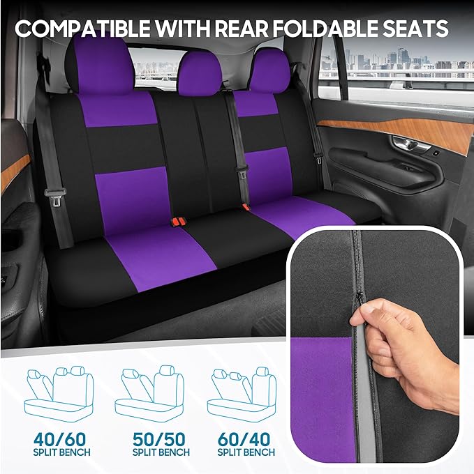 BDK PolyPro Car Seat Covers Full Set in Purple on Black, Front and Rear Split Bench Seat Covers for Cars, Easy to Install Car Seats Cover Set and Accessories for Auto Trucks Van SUV - Purple