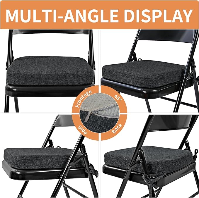 SINOSSO Memory Foam Chair Cushions for Folding Chairs 4 Pack, Thickened 2" Square Pads with Ties for Kitchen Chairs, Indoor Non-Slip Dining Chair Seat Cushions (Set of 4, Black)