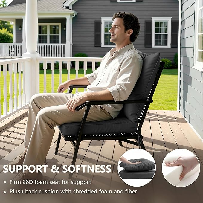 24x24 Inch Outdoor Chair Cushion with Removable Cover, Patio Furniture Cushion - Water-Repellent, Fade-Resistant, Non-Slip Bottom & Straps, Replacement for Deep Seat Sofa & Couch - Dark Grey