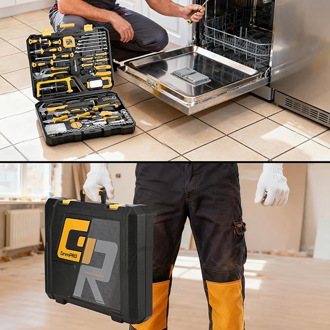 GRENPRO 218 Piece Tool Kit for Home, Tool Box with General Household Hand Tools Set, Herramientas with Screwdrivers, Wrenches, Hammer, Bow Saw, Folding Work Lamp, Electric Pen and Other Basic Tool Kit