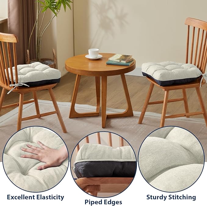 IASEAHK Chair Cushions for Dining Chairs, Seat Cushions for Kitchen Chairs, Indoor Seat Cushions with Ties, Tufted Foam Chair Pads, Non Slip Chair Cushions Set of 6, 15.5" x 15.5" x 4", Beige