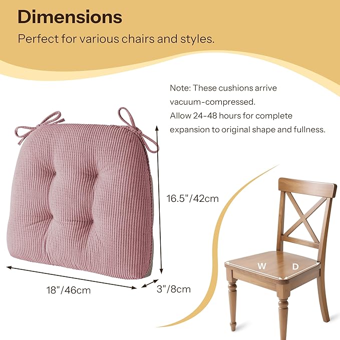 Indoor Kitchen Chair Cushions Set of 2 18"X16.5"X3" Soft Anti Slip Dining Chair Pads Tufted Kitchen Seat Cushion with Ties, Light Pink