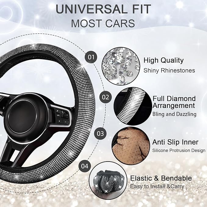 NBTEPEM 8 pcs Bling Car Accessories Set for Women, Steering Wheel Cover, Sparkly Seat Belt Covers, Bling Gear Shift Cover, Universal Fit Most Cars (Silver Diamond)
