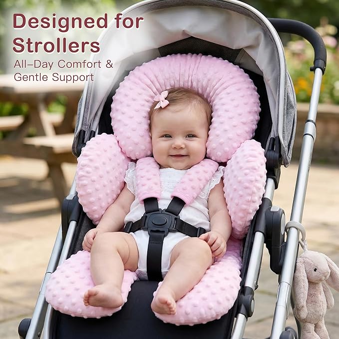 Pro Goleem Infant Car Seat Head Neck Body Support, Ultra-Soft Minky and Microfiber Car Seat Strap Pads, Perfect for Stroller, 2-in-1 Reversible, Girls, Pink