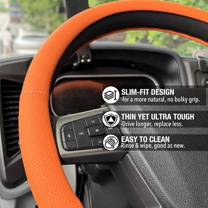 PINCTROT XL 17.5-18in Nappa Leather Supported Grip Steering Wheel Cover for Semi Truck, Fits RV, Big Rig Trucker, 18 Wheeler and Classic Cars, Anti-Slip Perforated Design 17.5-18 Inch (Hot Orange)