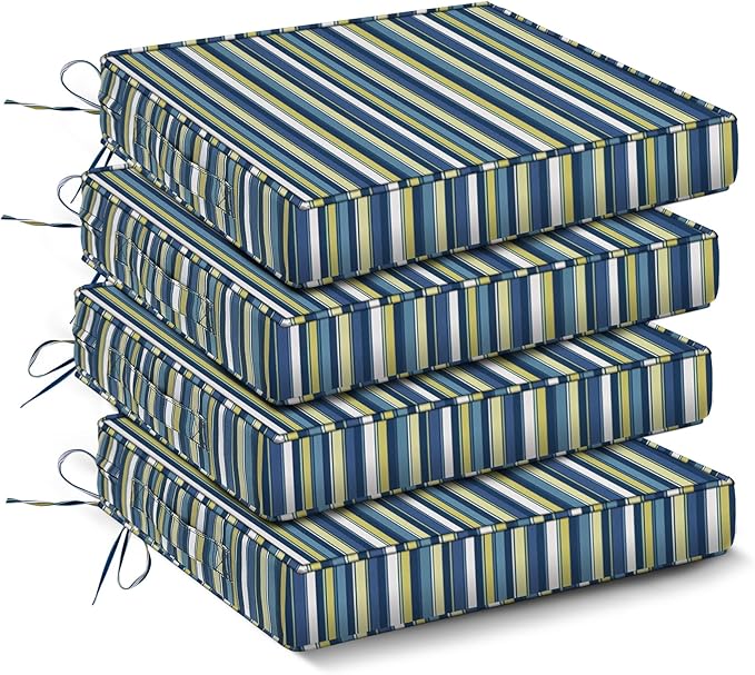 IPYNBAP Outdoor Chair Cushions Set of 4 -Waterproof Outdoor Seat Cushions for Patio Furniture, Patio Chair Cushion with Handle and Ties, Out Door Chair Pads,18.5x16x3-Square, Blue Stripe