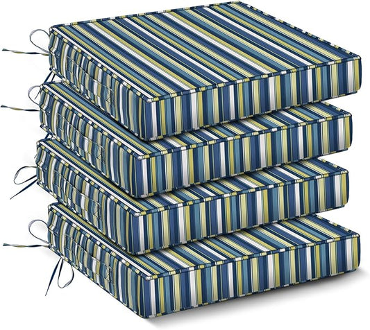 IPYNBAP Outdoor Chair Cushions Set of 4 -Waterproof Outdoor Seat Cushions for Patio Furniture, Patio Chair Cushion with Handle and Ties, Out Door Chair Pads,18.5x16x3-Square, Blue Stripe