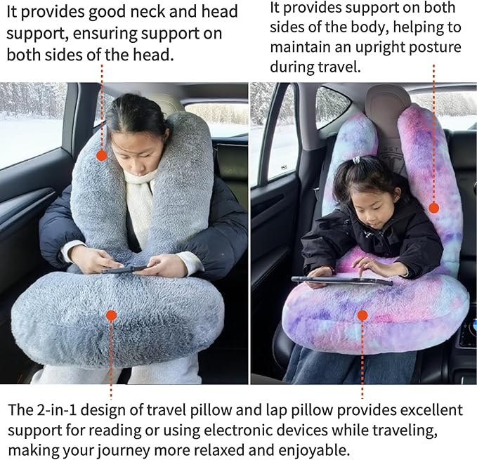 FHSGGP Travel Pillow Car Travel Sleep Support Pillow 2-in-1 Lap Pillow and Car Pillow with Neck and Body Support for Adults and Kids on Long Trips Kids Travel Pillow Brown