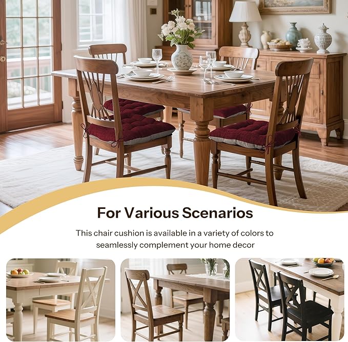 Non Slip Chair Cushions for Dining Chairs Set of 4 Kitchen Chair Cushions 18"x18"x3" Turfted Chair Pads Comfortable and Soft Seat Cushion with Ties, Red
