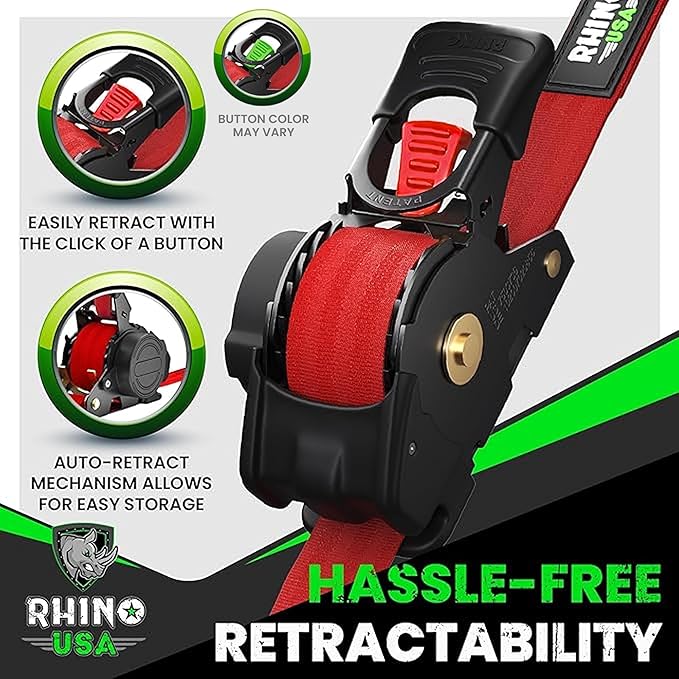 Rhino USA Retractable Ratchet Straps (4-Pack) - 1 Inch x 10 Feet (1,209lb Break Strength) - Auto Self Retracting Tie Down Straps for Truck, Cargo Trailer, Motorcycle, ATV, UTV - Red