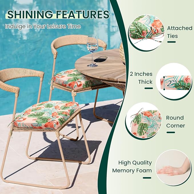 HARBOREST Outdoor Chair Cushions Set of 2, Water Resistant Patio Chair Cushions with Ties, Outdoor Seat Cushions for Patio Furniture, 17"x16"x2", Flamingo