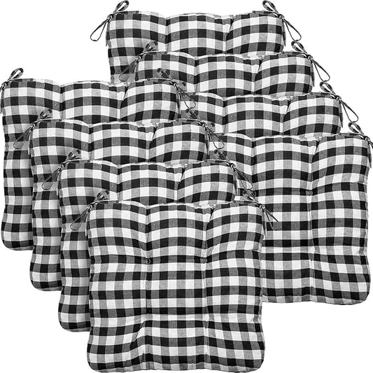 Geetery 8 Pack Chair Cushions for Dining Chairs, 16" x 15" Black and White Kitchen Chair Cushions with Ties Buffalo Plaid Soft Comfy Seat Pads for Home Office Living Room Outdoor Indoor
