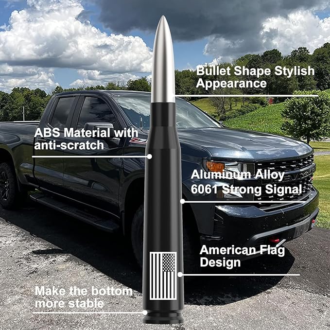 Car Truck Antenna with Tire Valve Caps American Flag Universal Short Replacement for GMC Sierra Chevy Silverado Dodge Ram 1500 2500 3500 Ford F150 F250 F350 Super Duty Raptor Accessories, Silver