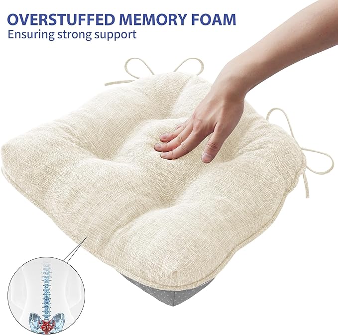 IPYNBAP Chair Cushions for Dining Chairs Set of 4, Kitchen Chair Cushions, Chair Pads with Ties and Non Slip Backing, Tufted Memory Foam Seat Cushion 4 Pack, 15.5" x 15.5" x 4", Cream