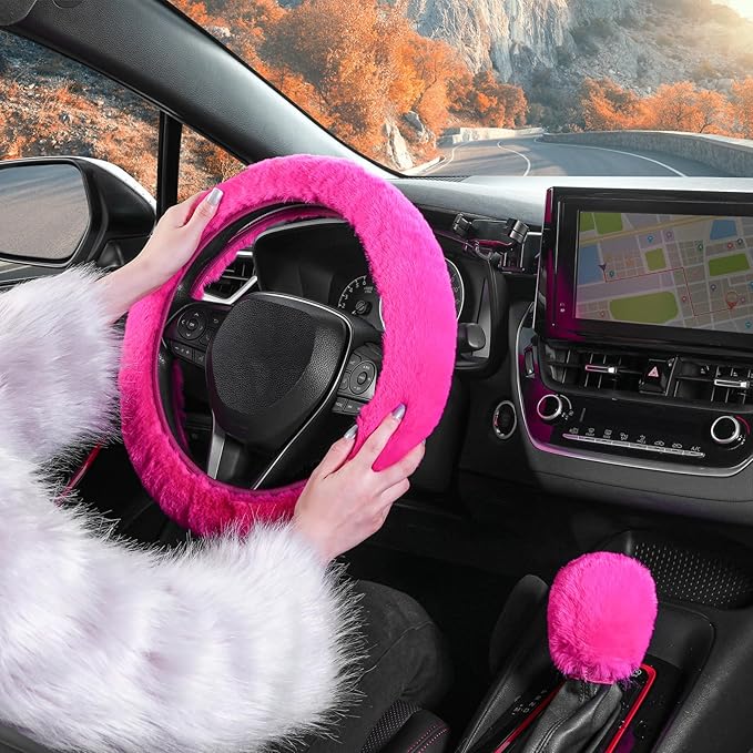 SEG Direct Furry Car Steering Wheel Cover with Gear Shift Cover, Soft and Warm, Cute Fluffy Auto Decor for Women Men, Standard Size, 2 PCS Set, Magenta
