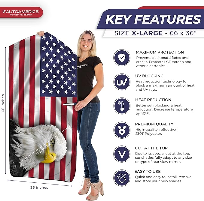 Autoamerics Truck Windshield Sun Shade with Storage Pouch & Anti-Slip Dash Pad - Foldable American Eagle Flag Design - Fits Most SUVs & Trucks - Blocks UV Rays, Keeps Car Cool | X-Large (66 x 36 in)