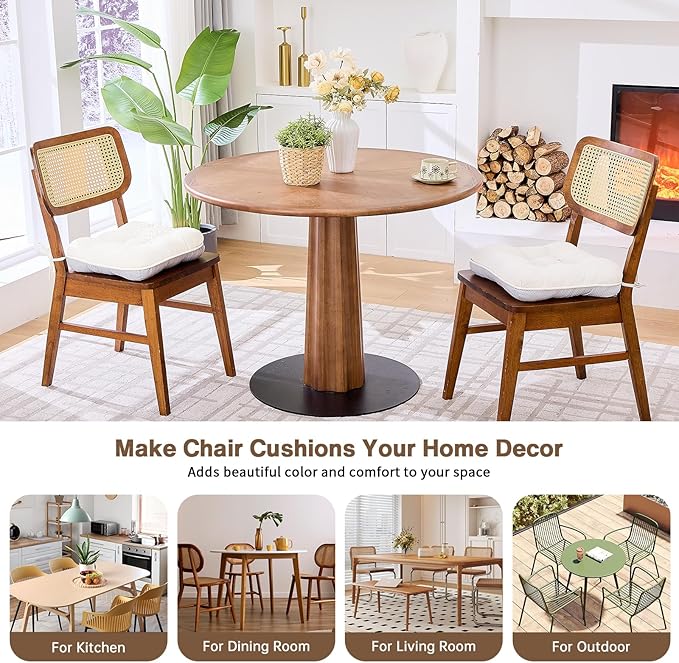BETU White Chair Cushions for Dining Chairs Set of 2,3.5" Thick Kitchen Table Chair Pads with Ties,Non Slip Backing and Covers, Seat Cushion for Dining Room,Bar,Patio Chairs,15.5"X15.5"X3.5",White