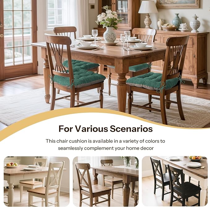 Non Slip Chair Cushions for Dining Chairs Set of 4 Kitchen Chair Cushions 18"x18"x3" Turfted Chair Pads Comfortable and Soft Seat Cushion with Ties, Green