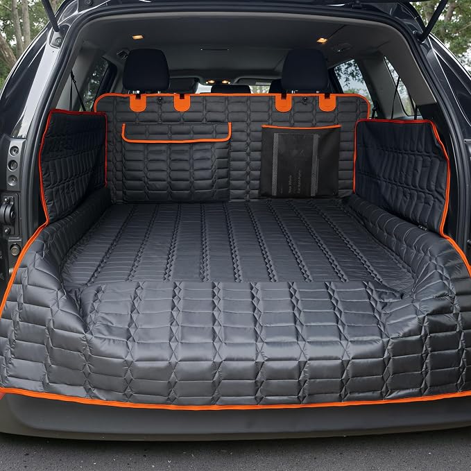 Reliadura SUV Cargo Liner for Dogs, Waterproof Pet Cargo Cover with Bumper Flap Protector, Scrachproof Non-Slip Dog Seat Mat for SUVs, Large Size Cargo Liner Universal Fit (Orange)
