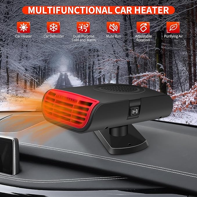 12V 150W Portable Car Heater, 2 in 1 Heating & Cooling Fan, Windscreen Defogger & Window Defroster,Fast Heating Car Heater with Cigarette Lighter, with 360° Rotatable Base, for Car Truck Rv Trailer