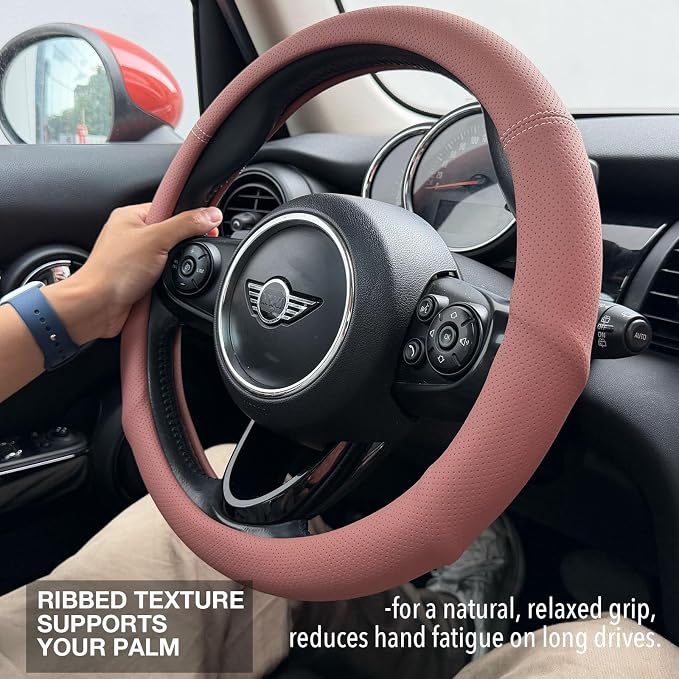 PINCTROT Nappa Leather Steering Wheel Cover with Ergonomic Palm Support Grip, Full Perforated Breathable, Slim Fit No Bulk Design, Universal 14.5-15 Inch (Maple Brown)