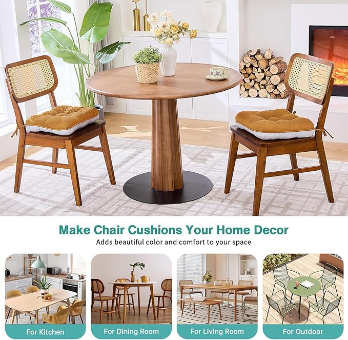 BETU Chair Cushions for Dining Chairs Set of 2,3.5" Thick Kitchen Table Chair Pads with Ties,Non Slip Backing and Covers, Seat Cushion for Dining Room,Bar,Patio Chairs,15.5"X15.5"X3.5",Caramel