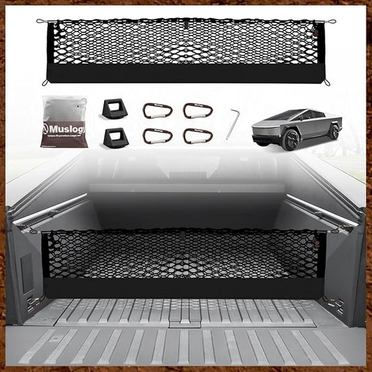 Muslogy Truck Bed Cargo Net Trunk Netting Compatible with Tesla Cybertruck 2024 2025 2026 Accessories, Pickup Cargo Organizer SUV Sedan Storage Net w/Heavy Duty Carabiners