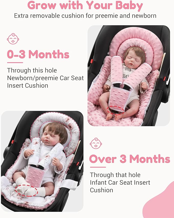 BOMOLOUR Infant Car Seat Insert with Removable Cushion for Baby Preemie Newborn Infant, Reversible carseat Insert Head Body Support Fits for Stroller, Baby Swing, Rocker, Bouncer, Bassinet - Pink