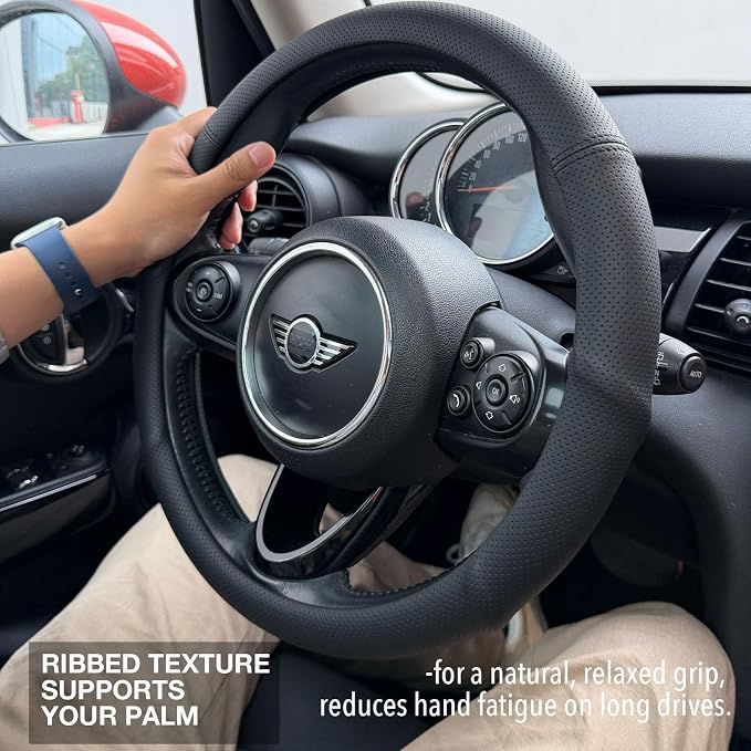 PINCTROT Large Size Nappa Leather Steering Wheel Cover with Ergonomic Palm Support Grip, Full Perforated Breathable, Slim Fit No Bulk Design,15.5-15.75 Inch(Black)